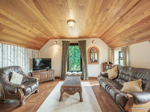 sala de estar con muebles de cuero y TV de pantalla plana en The Granary - Uk36673, en Goulsby