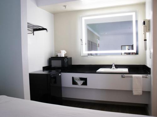 a bathroom with a sink and a mirror at Discovery Inn in Hayward