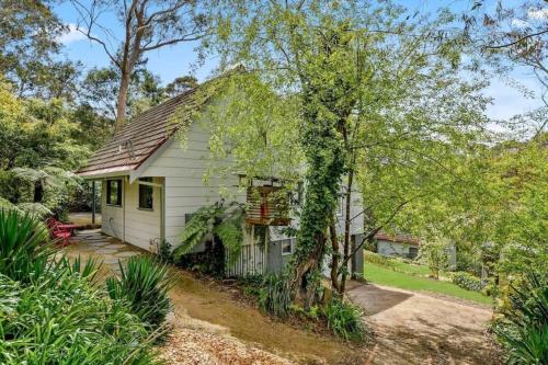a small white house with a tree at Banksia Cottage, pretty cottage with garden in Leura