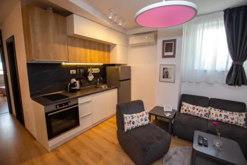 cocina y sala de estar con sofá en Charming Apartment in Shtip's downtown, en Štip