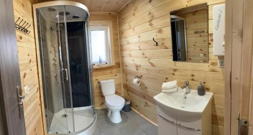 W łazience znajduje się toaleta, prysznic i umywalka. w obiekcie Domek 4-6osobowy w mieście Wroceń
