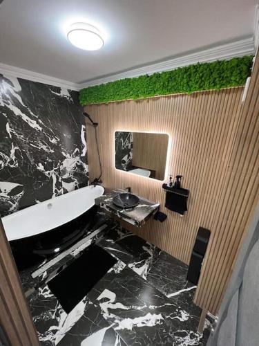 La salle de bains est pourvue d'un lavabo et d'un grand miroir. dans l'établissement Luxury Apartments by Patrik, à Oradea