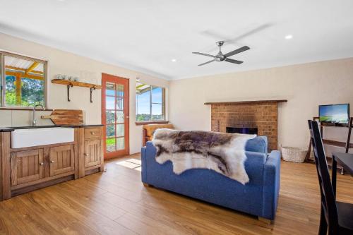 a living room with a blue couch and a kitchen at Braeside Cabin One Pinkwood in Central Tilba