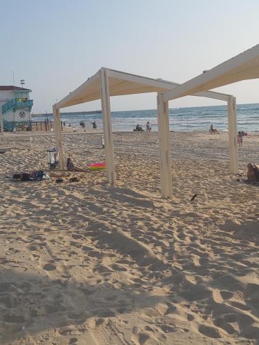 a group of wooden shelters on a sandy beach at studio by the sea in Ashdod