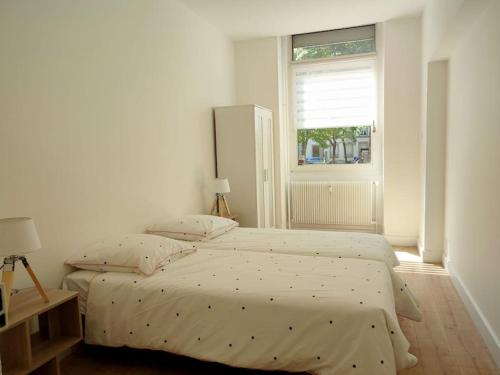 um quarto branco com uma cama e uma janela em Appartement Strasbourg Centre em Estrasburgo