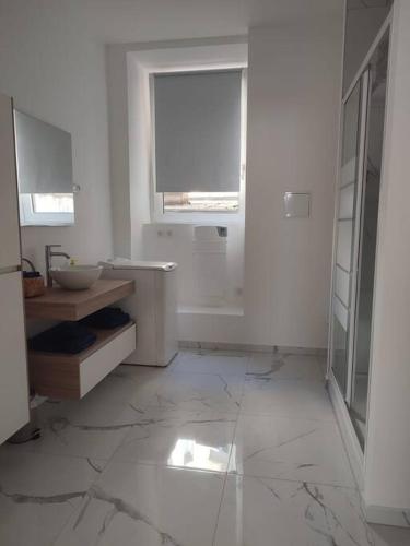 une salle de bain blanche avec un lavabo et une fenêtre dans l'établissement Appartement Strasbourg Centre, à Strasbourg