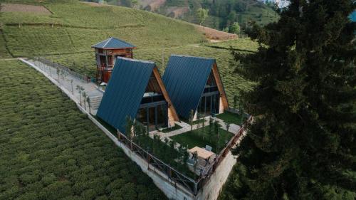 an aerial view of a house on a hill at Mosa Bungalov in Ardeşen