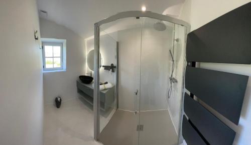 a glass shower in a bathroom with a sink at Gîte de Charme Jumelé pour 4 personnes in Cazals