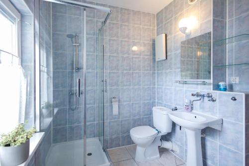 a bathroom with a toilet and a shower and a sink at Holiday home Jarzębinowa 9 in Rowy