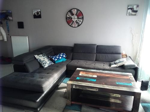 a living room with a leather couch and a table at Chambre dans appartement Saint Martin d'Hères près du Campus, UGA et Neyrpic in Rhut