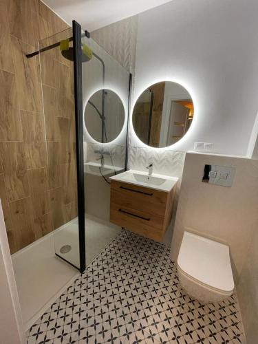 a bathroom with a toilet and a sink and a mirror at Liwia Park Green House in Niechorze