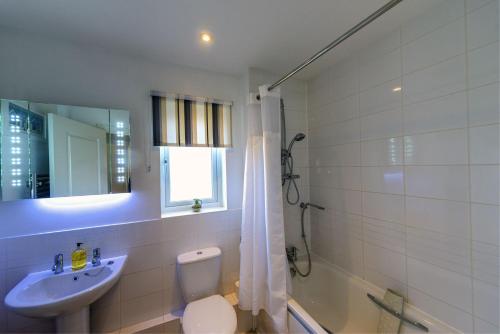 a bathroom with a toilet and a sink and a shower at Sail Loft in Camber