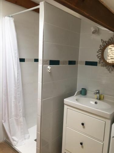 a white bathroom with a shower and a sink at Loft Sud-Nantes in Le Bignon