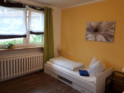 シュマルカルデンにあるPension am Sonnenhofのベッド1台と窓2つが備わる小さな客室です。