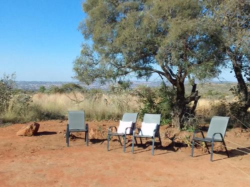a group of three chairs sitting in front of a tree at KGOLA SAFARIS in Rosslyn