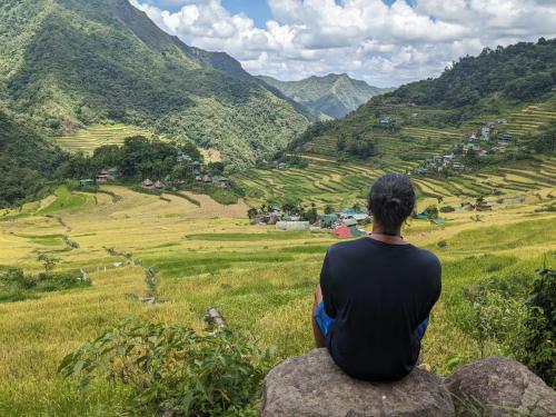 a man sitting on a rock looking out over a valley at Las vegas lodge and restaurant in Banaue
