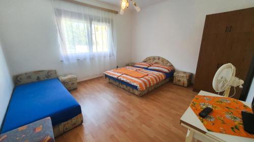 a bedroom with a bed and a couch and a table at Zita Üdülőház in Balatonboglár