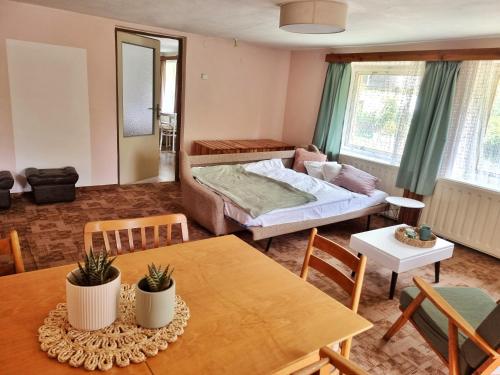 ein Wohnzimmer mit einem Bett und einem Tisch in der Unterkunft Domek č. 3 in Pürstein
