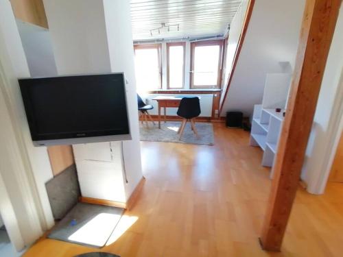 een woonkamer met een flatscreen-tv op een standaard bij Wohnung für 2 Personen in Villingen-Schwenningen