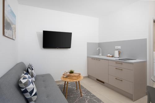 a living room with a couch and a tv on a wall at Apartments and rooms Jakić in Medulin