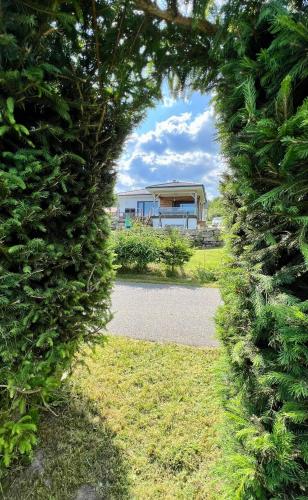 a hedge archway with a building in the background at Lipno Villa Beach - Lipno Stausee - Lakeside in Loučovice