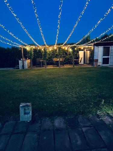a backyard with a picnic table and string lights at B&B Villa degli Angeli in Bernalda