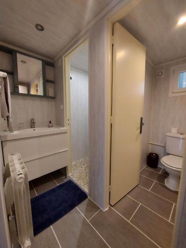 une salle de bain avec une baignoire, des toilettes et un lavabo dans l'établissement La-Haut, gite-maison de vacances, à Poinson-lès-Fays