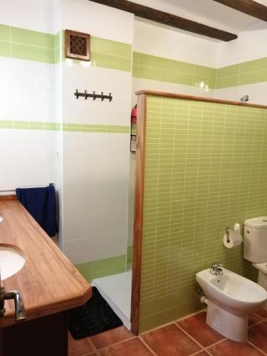 a bathroom with a shower and a toilet and a sink at Casa Las Torres in Mora de Rubielos