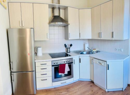 La cuisine est équipée de placards blancs et d'un réfrigérateur en acier inoxydable. dans l'établissement Super Apartment Old town, à Klaipėda