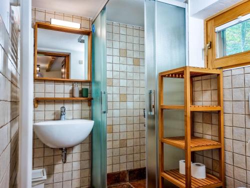 a bathroom with a sink and a mirror at Jakob Cabin in Bovec