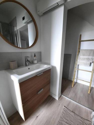 une salle de bain avec un lavabo et un miroir dans l'établissement Les Appartements - Canal du Midi, à Carcassonne