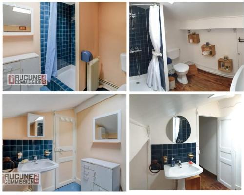 Quatre photos d'une salle de bains avec lavabo et toilettes dans l'établissement Maison lumineuse & jardin privé, à Confolens