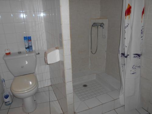 une salle de bain avec toilettes et douche dans l'établissement Plein SUD, 5 mn de la mer, grand logement 8 personnes, à Marseillan