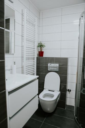 a bathroom with a white toilet and a sink at Apartman Nikola in Gospić