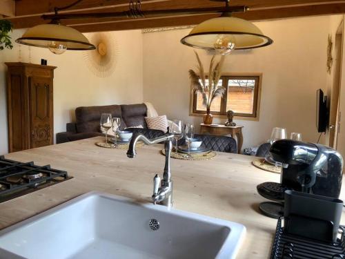 a kitchen with a sink and a counter top at Chalet La Bohème in Prouilly