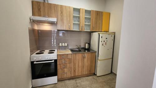 eine Küche mit einem weißen Herd und einem Kühlschrank in der Unterkunft Maria in Igalo