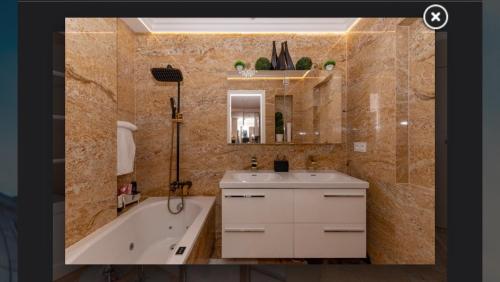 ein Badezimmer mit einer Badewanne, einem Waschbecken und einer Badewanne in der Unterkunft Appartement Belle Feuille in Boulogne-Billancourt