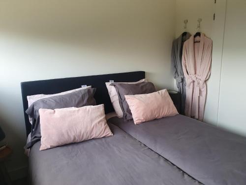 ヒルヴァーレンベークにあるEen klein appartementje zonder keuken in het centrum Sleep at Hamtingh'sのピンクとグレーの枕が備わるベッド1台