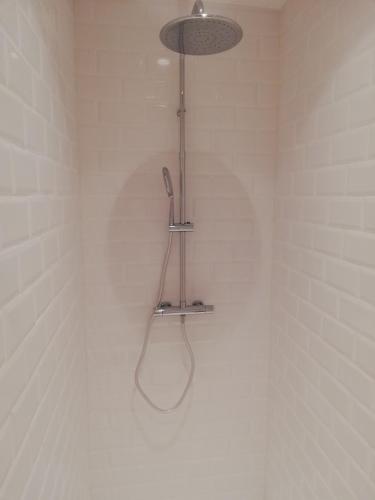 - une salle de bains lumineuse pourvue d'une douche et de carrelage blanc dans l'établissement Les 3 Platanes, à Conilhac-Corbières