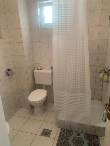 a bathroom with a toilet and a shower curtain at Apartments Neira near Dubrovnik in Ivanica