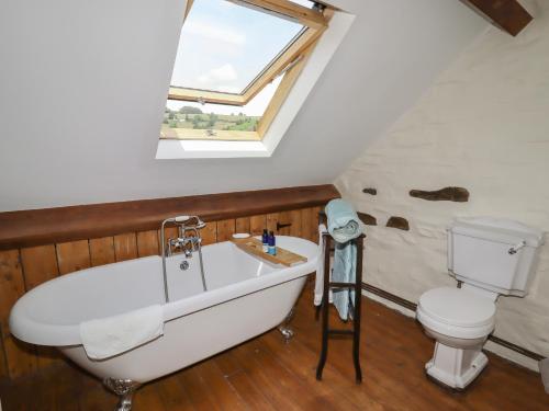 a bathroom with a bath tub and a toilet at Chapel House in Llangollen