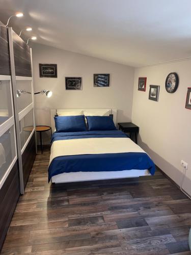 a bedroom with a large bed with blue pillows at Holiday Home Barska Vila in Bar