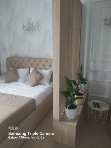 a bedroom with a bed with two potted plants at Moonlight Apart-Hotel Batumi in Batumi