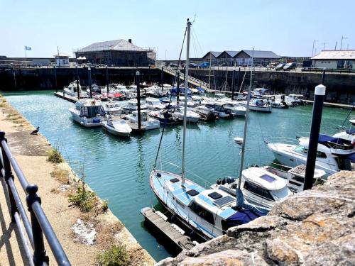 a bunch of boats are docked in a harbor at Lush Porthcawl Large Spacious 2 bedroom Apt, Garden, Prime Location in Porthcawl