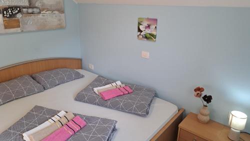 two twin beds in a bedroom with pink pillows at Vineyard cottage Na hribu in Dvor