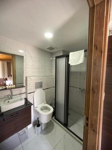 Gold Corner Hotel في إسطنبول: حمام مع مرحاض ومغسلة ودش