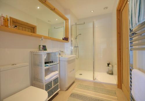a bathroom with a shower and a toilet and a sink at Belle Haven Chalet. in Dunbar