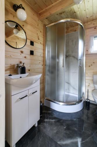 a bathroom with a shower and a sink at Pogodny domek in Kołczewo