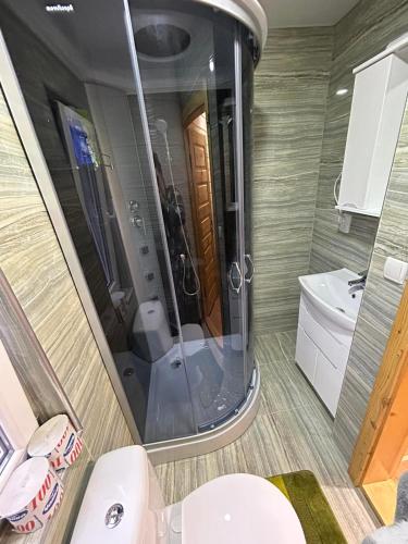 a bathroom with a shower and a toilet and a sink at Pid lisochkom in Verkhovyna