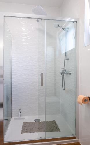 a shower with a glass door in a bathroom at Casa Carmen Simuni in Šimuni